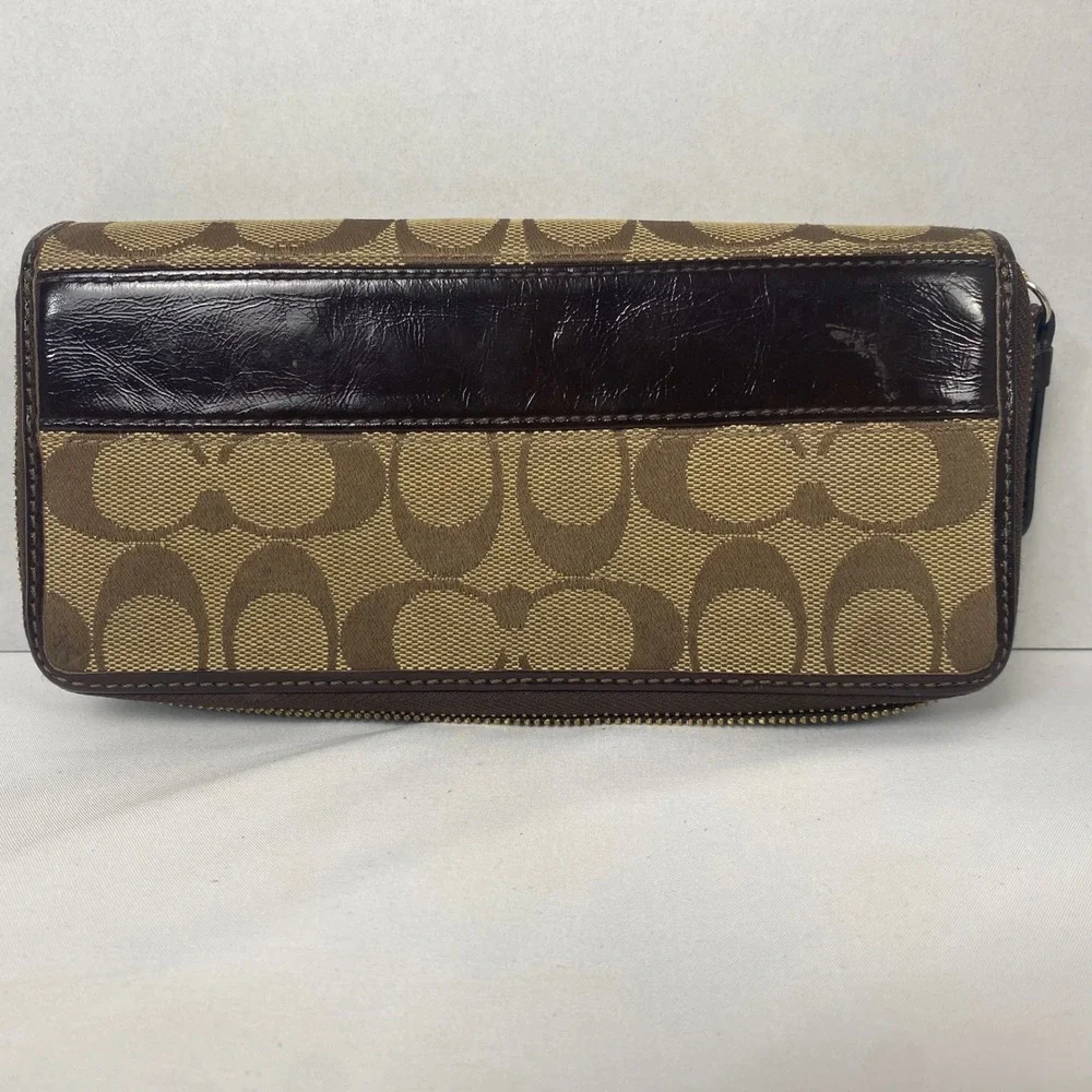 Coach Womens Brown Signature Canvas‎ Monogram Legacy Stripe Tri-Fold Wallet Snap